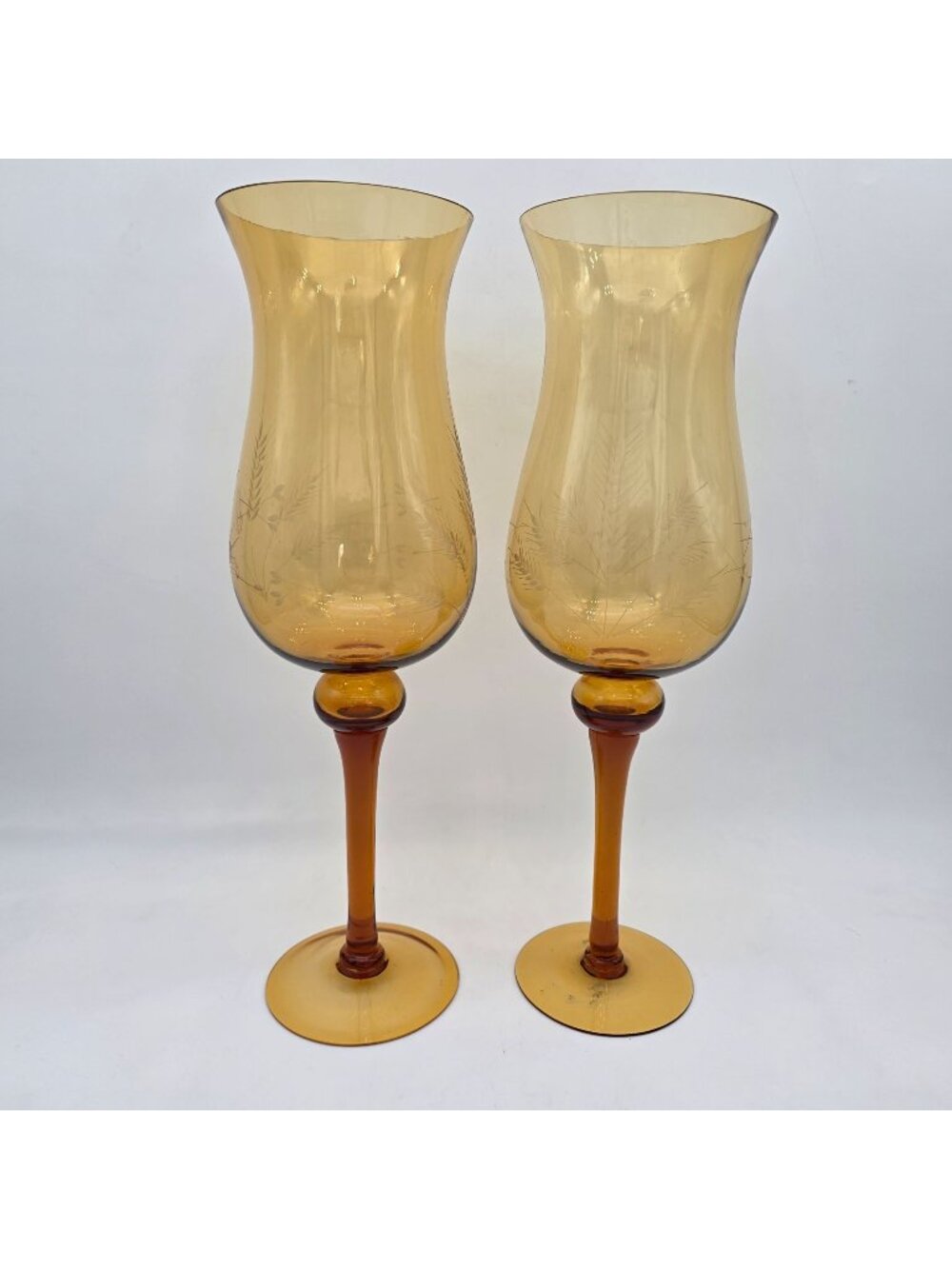 Amber Glass Pedestal Hurricane Candle Holder Etched Wheat Hand Blown VTG 18"